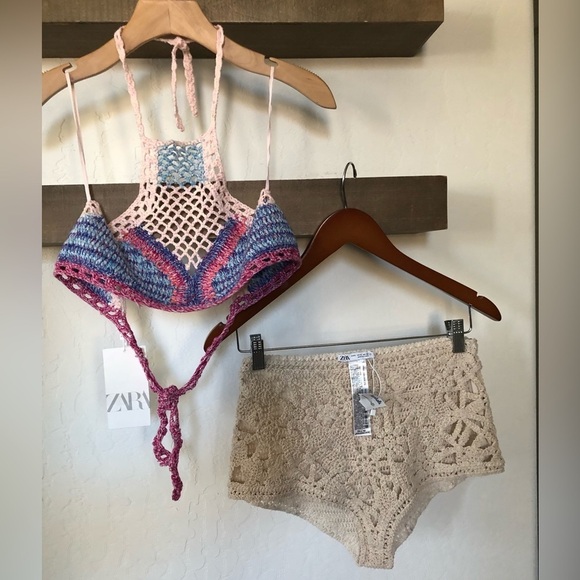 Zara Other - ZARA|Boho crotchet two piece bikini set in floral neutral tan & colorful top,NWT